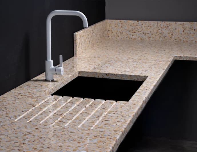 Terrazzo inlaid with mother-of-pearl and shells — PEARL collection.